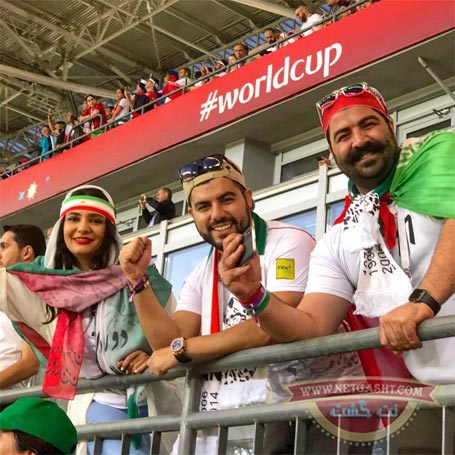 بهنام بانی . حامد برادران و لیندا کیانی در استادیوم کازان در بازی دو‌ تیم ایران و اسپانیا در جام جهانی 2018 روسیه